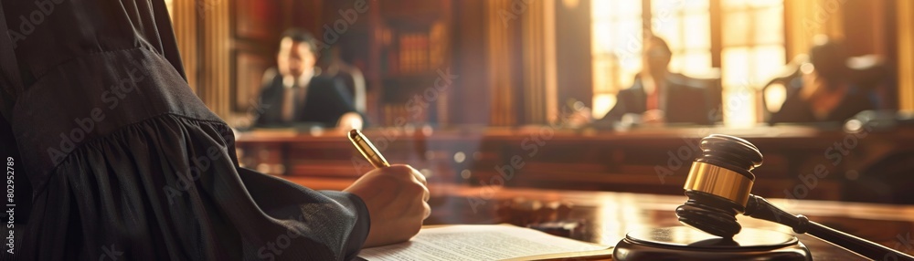 A lawyer consulting notes in a courtroom, a gavel in the foreground symbolizing the impending delivery of justice A lawyer consulting notes in a courtroom, a gavel in the foreground symbolizing the impending delivery of justice