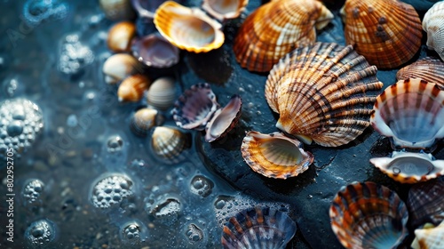 Seashells on black stone background.