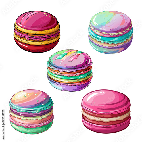 Set of traditional French almond macaron cookies in different colors, in cute cartoon style