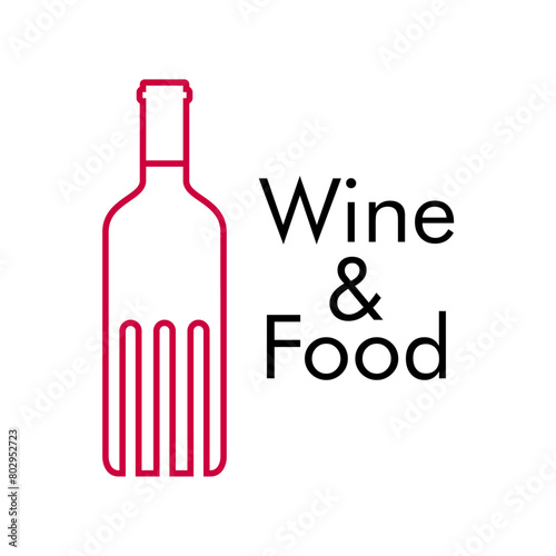 Logo restaurante. Silueta de botella de vino con forma de tenedor con líneas con texto Wine and Food