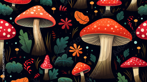 Autumn set with seamless pattern and a collection with seasonal elements, different mushrooms and plants illustration