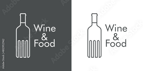 Logo restaurante. Silueta de botella de vino con forma de tenedor con líneas con texto Wine and Food