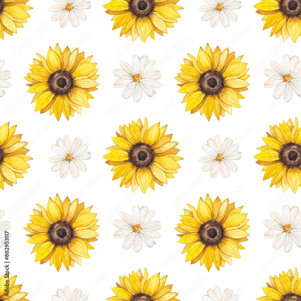 Watercolor seamless pattern with sunflower flowers and daisies. Bright yellow and fir flowers. Batanical print for the design and decoration of packaging, wrapping paper, textiles.