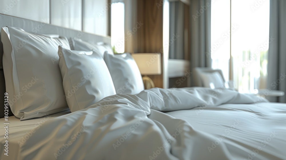 Obraz premium Comfortable bed in a hotel room, suitable for travel and hospitality industry