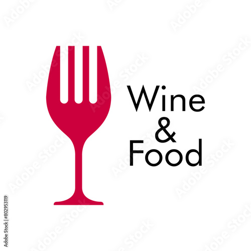 Logo restaurante. Silueta de copa de vino con forma de tenedor con texto Wine and Food