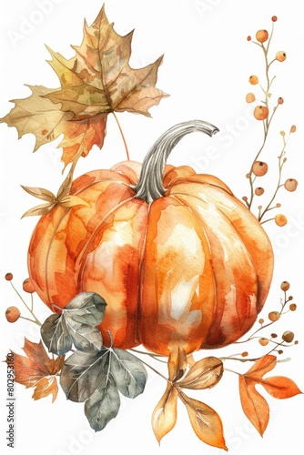 Watercolor painting of a pumpkin with fall foliage. Suitable for seasonal decorations