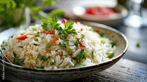 Rice with chilli and parsley in a bowl on a wooden table