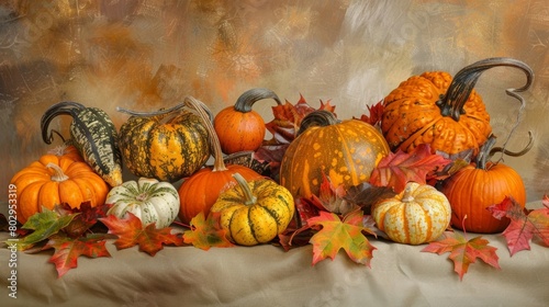 A still life composition of decorative gourds and pumpkins in shades of burnt orange and mustard reminiscent of fall leaf colors..