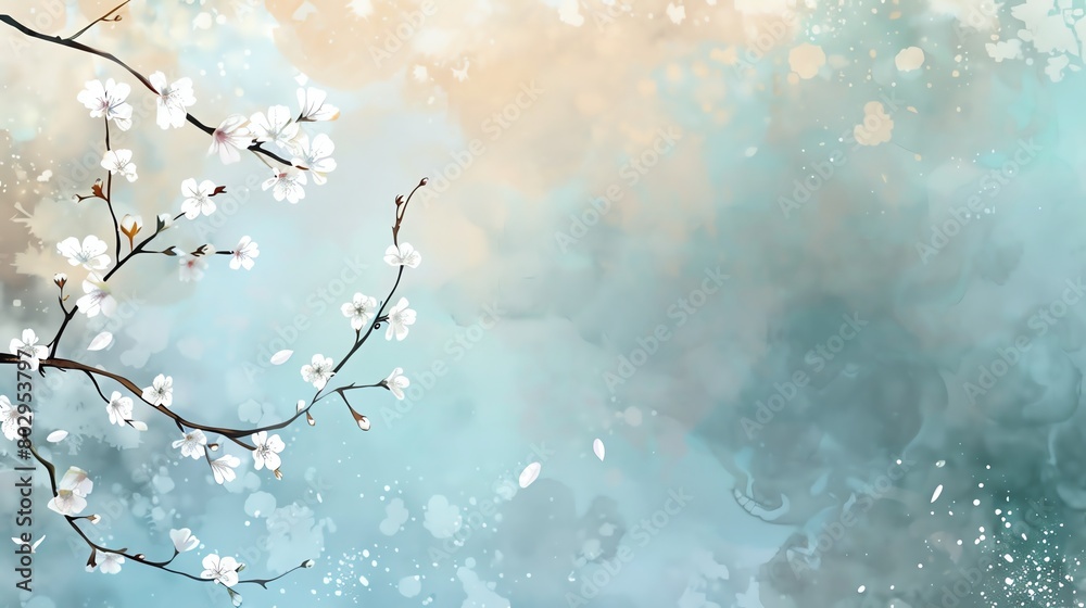 illustration with copy space, white Sakura flower tree branch on pastel background