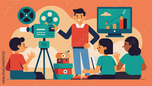 The instructor leads a discussion on the benefits and challenges of shooting with film encouraging participants to embrace the slower more intentional. Vector illustration