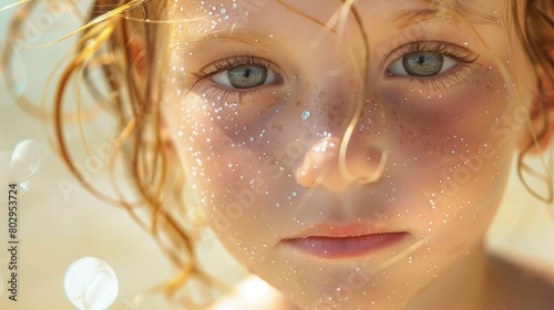 Close-up portrait of a young child with sunscreen on face
