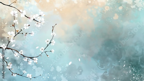 illustration with copy space, white Sakura flower tree branch on pastel background