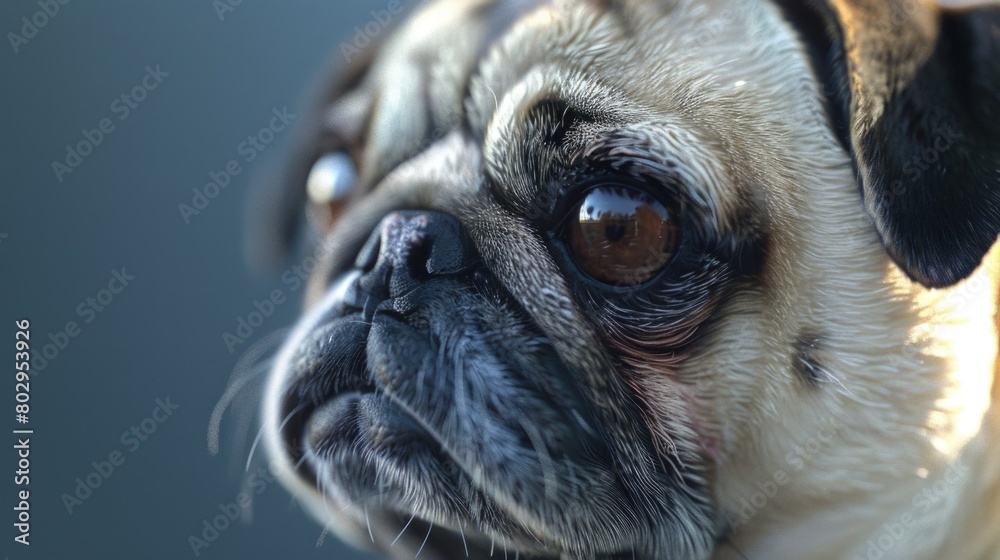 Close up of a pug dog's face, perfect for pet lovers