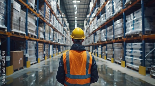 A logistics manager overseeing a warehouse operation from a high platform, The background will be pure white, facilitating easy background removal for further use