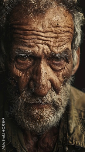 Portrait of a stern older man with weathered facial features. © Olha