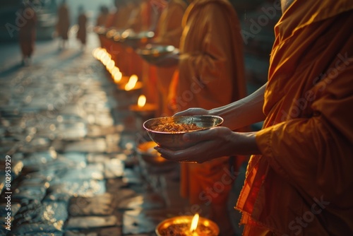 Group of monks holding bowls of food, suitable for religious or charity concepts photo