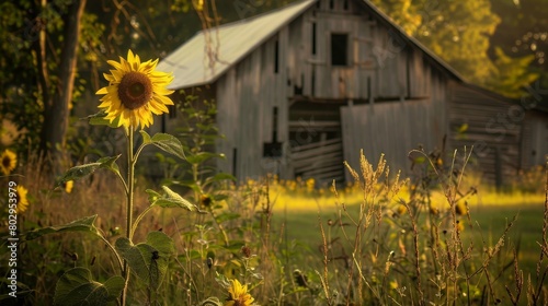 A sunflower field with a barn in the background