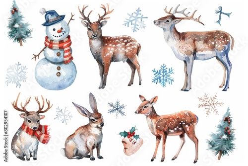 Watercolor illustrations of deer, snowman, and snowflakes. Suitable for winter-themed designs © Fotograf