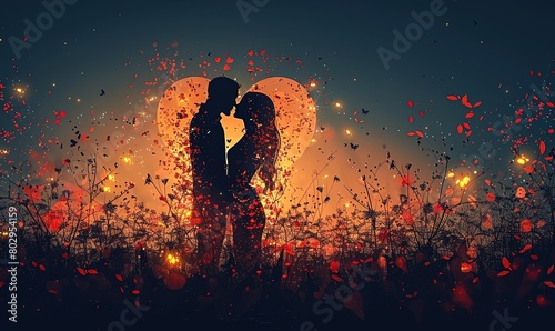 True love, silhouette of a couple among petals, magic lights and hearts, the concept of true love