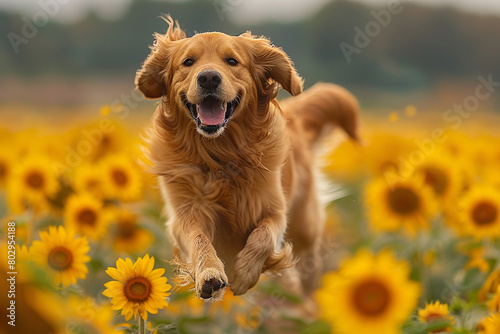 A fluffy golden retriever bounding joyfully through a field of sunflowers, petals dancing in its wake. photo