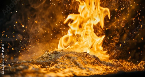 Close-up image of a gold smelting furnace at work, capturing the intense flames and heat as molten gold begins to form, symbolizing powerful industrial processes photo