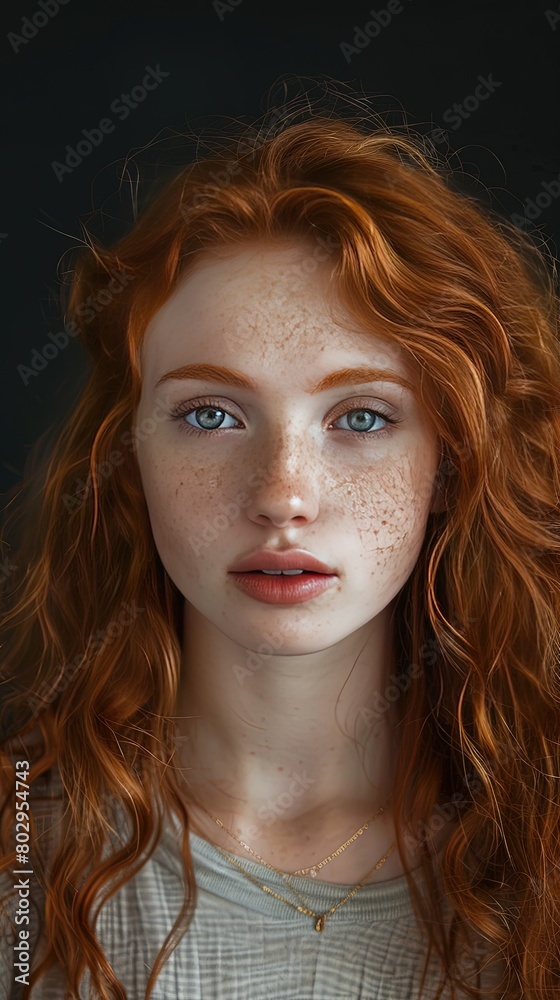 Beautiful red-haired girl close-up on gray background Beautiful red-haired girl close-up on gray background