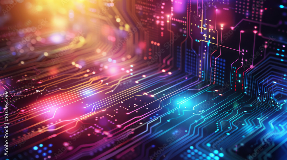 Futuristic tech backdrop with neon lights and a circuit board for an abstract feel Futuristic tech backdrop with neon lights and a circuit board for an abstract feel