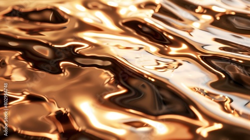 Close-up image of a reflective bronze surface, capturing the warm, golden tones and the smooth, mirror-like finish that beautifully reflects its surroundings photo