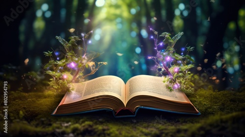Magical book in a mystical forest, fantasy background. © vlntn