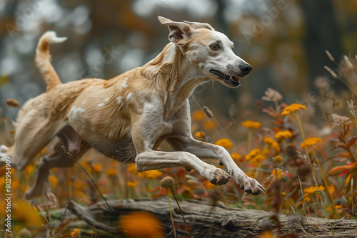 A graceful greyhound leaping gracefully over a fallen log in a woodland clearing  muscles rippling with power.