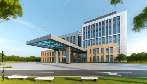 Modern corporate building exterior with glass and metal elements, landscaped front, clear skies.