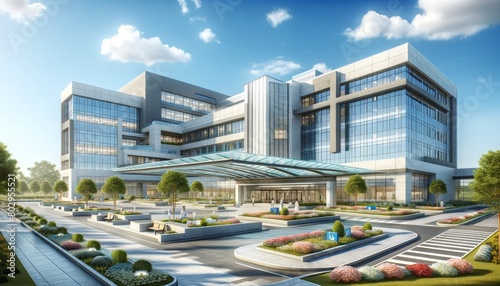 Expansive modern corporate office exterior with glass panels and landscaped surroundings.