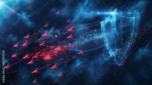 A data protection shield, pulsating with energy, deflecting a barrage of digital arrows symbolizing various cyber threats, set against a dark, stormy cyberspace background.  photo