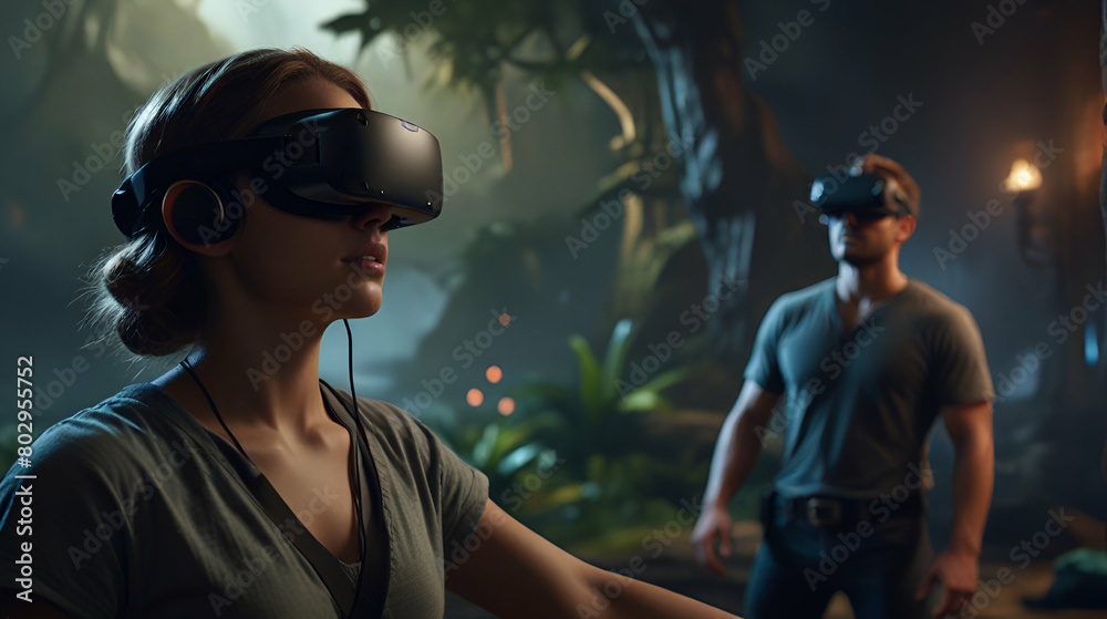 scene where people are immersed in a virtual reality adventure, surrounded by fantastical landscapes or engaging simulations scene where people are immersed in a virtual reality adventure, surrounded by fantastical landscapes or engaging simulations