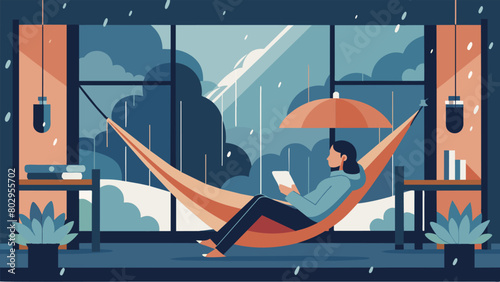 A sunroom with floortoceiling windows where a person can curl up in a hammock with a good book and watch the rain or snow fall outside..