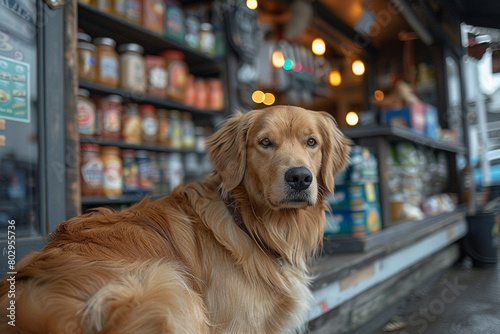 A loyal golden retriever waiting patiently for its owner outside a grocery store.