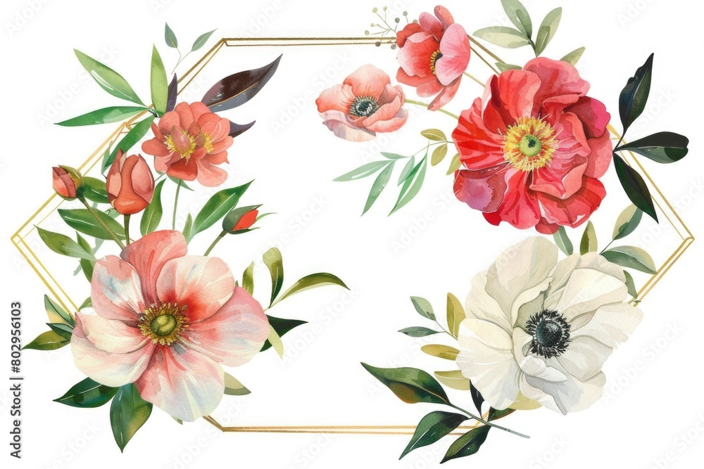 Fototapeta premium A watercolor painting of flowers in a hexagon frame, perfect for home decor