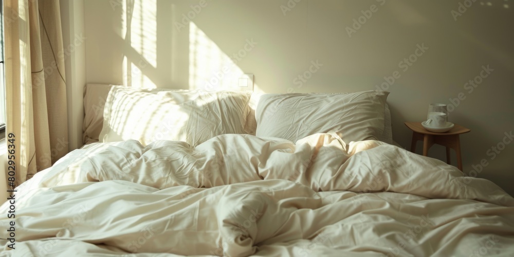 Fototapeta premium A messy unmade bed with white sheets and pillows. Suitable for interior design concepts
