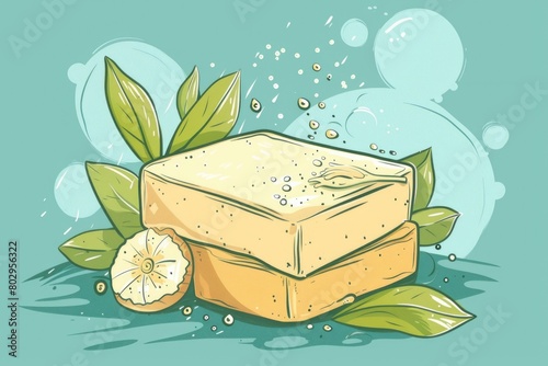 A block of soap with a fresh slice of lemon, perfect for spa and beauty concepts