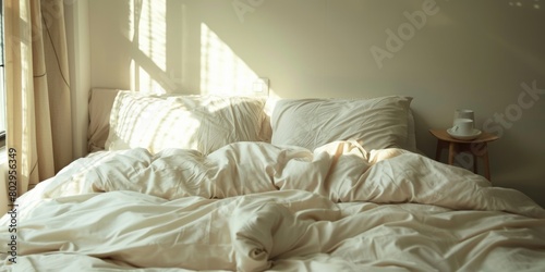 A messy unmade bed with white sheets and pillows. Suitable for interior design concepts