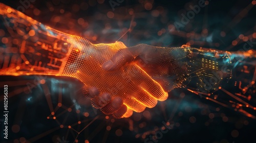 A digital handshake, formed from streams of encrypted data, symbolizing the secure exchange of information over a protected network. 32k, full ultra hd, high resolution