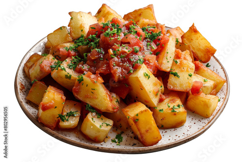 Spanish Patatas Bravas with Spicy Tomato Sauce, Isolated on a Transparent Background photo