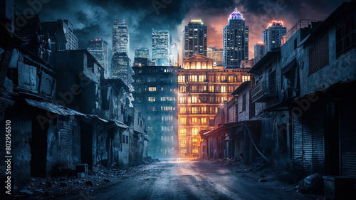 Wealth and poverty concepts art. Rich and poor. Social contrasts. Socialism and capitalism. Slums versus wealthy city skyline. Futuristic dystopian and cinematic moon. Glowing neon lights. Busy street photo
