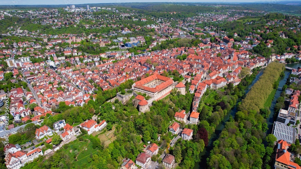 Aerial view of the old town Tübingen in Germany on a sunny day in Spring