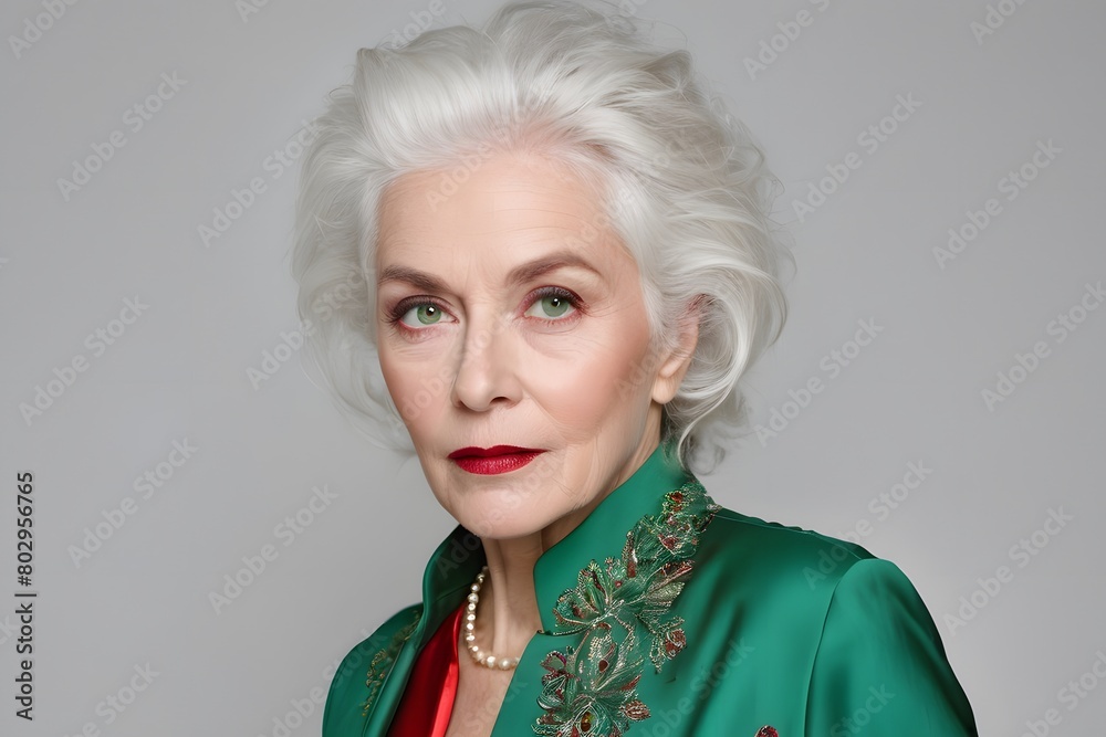 Elegantly dressed senior woman on a neutral background