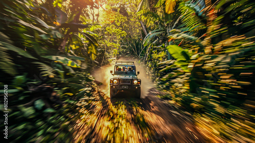 Capture the heartpounding excitement of jungle safaris with a dynamic tilted angle view Show a safari vehicle racing through the wild photo