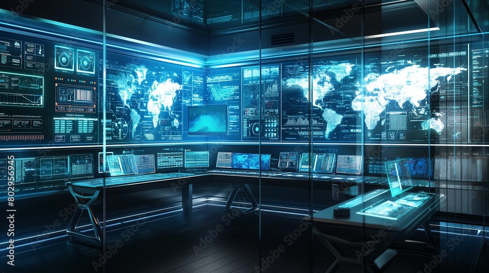 A high-tech control room with transparent, touch-sensitive panels displaying real-time cybersecurity alerts and data flow across a global network. 32k, full ultra hd, high resolution