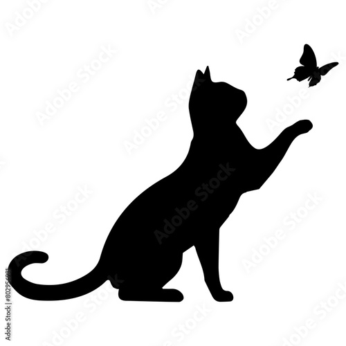 Silhouette of a cat playing with a butterfly, design element isolated on a white background. Vector illustration for cutting, logo, etc.