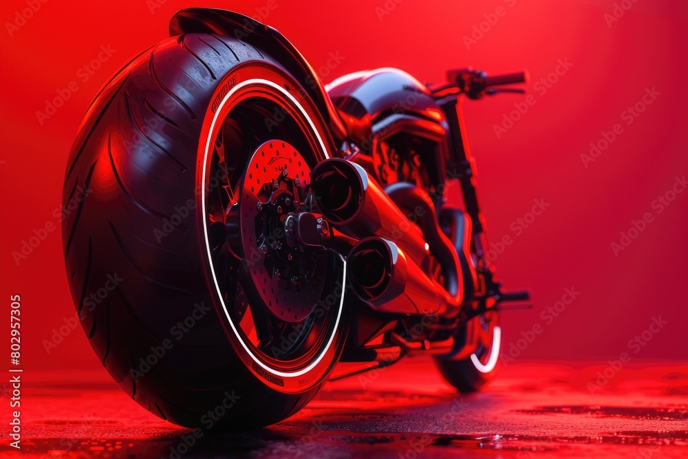 Fototapeta premium Detailed image of a motorcycle against a vibrant red backdrop. Perfect for automotive and transportation concepts
