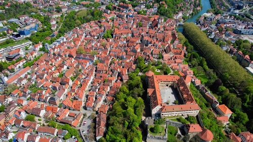 Aerial view of the old town Tübingen in Germany on a sunny day in Spring